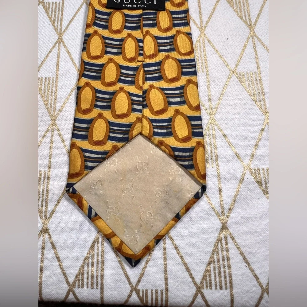 Gucci Vintage 100% Silk Gold and Blue Patterned Tie